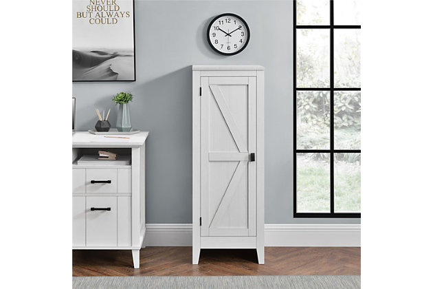 It’s time to get your house in order—organizationally and decoratively. The rustic style of this short cabinet brings a modern country appeal to your space. Reminiscent of barn doors, this casual piece houses four shelves perfect for storing office supplies, extra linens, seasonal clothing and more.Made of laminated engineered wood | Off-white woodgrain finish (multiple rustic finishes available) | 4 spacious shelves (2 adjustable) | Wall anchor kit included | Assembly required (2 adults recommended)