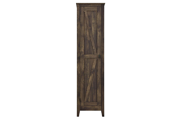 It’s time to get your house in order—organizationally and decoratively. The rustic style of this bookcase with doors brings a modern country appeal to your space. Reminiscent of a weathered barn, this casual piece opens to reveal four shelves perfect for storing office supplies, extra linens, seasonal clothing and more.Made of laminated engineered wood | Weathered brown finish | 4 spacious shelves (2 adjustable) | Wall anchor kit included | Assembly required (2 adults recommended)
