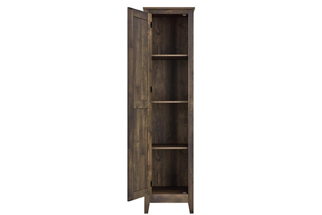 It’s time to get your house in order—organizationally and decoratively. The rustic style of this bookcase with doors brings a modern country appeal to your space. Reminiscent of a weathered barn, this casual piece opens to reveal four shelves perfect for storing office supplies, extra linens, seasonal clothing and more.Made of laminated engineered wood | Weathered brown finish | 4 spacious shelves (2 adjustable) | Wall anchor kit included | Assembly required (2 adults recommended)