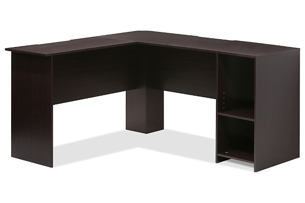 For functional and stylish design, bring home this writing desk. The L-shape design fits snugly in a corner while two levels of shelves provide excellent storage space. This simple piece blends seamlessly into your room, your personal expression and your budget.Made of engineered wood | Espresso finish | 2 open storage shelves | Follow care instructions included in package details | Assembly required (instructions included)