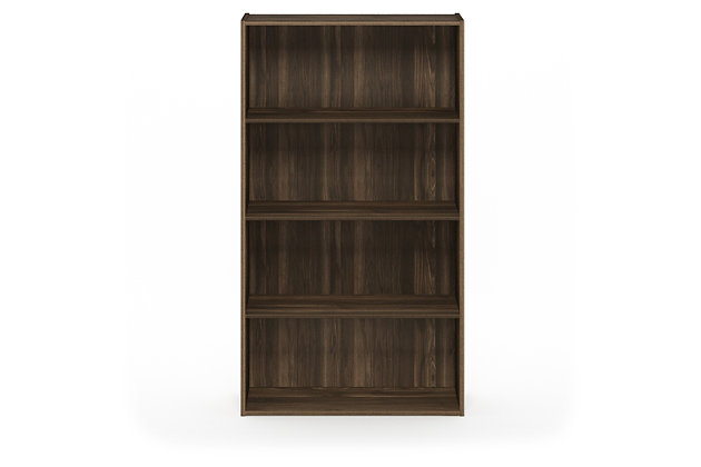Designed to utilize more vertical space, this versatile bookcase offers ample area for storage and display. Four shelves and a closed back make for an elegant and generous place for books, photos, trophies and other mementos. This simple piece blends seamlessly into your room, your style and your budget.Made of engineered wood | Brown finish | 4 open shelves | Wipe clean with damp cloth. Avoid using harsh chemicals | Assembly required