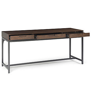 This ultra-cool home office desk is proof that modern industrial style simply works. Its minimalist-chic profile merges walnut-tone wood and blackened metal for a striking, sturdy design. Hardware-free aesthetic gives the drop-front keyboard tray and dual drawers no-muss, no-fuss appeal.DIMENSIONS: 24" d x 60" w x 31.5" h | Handcrafted with care using the finest quality solid Rubberwood and 1.2 inch Blackened Metal | Hand-finished wood with a Walnut Brown stain and a protective NC lacquer to accentuate and highlight the grain and the uniqueness of each piece of furniture | Multipurpose desk adds function and style without overwhelming the space. Looks great in your living room, family room, home office, bedroom or condo. Provides plenty of space for office work, studying, writing or gaming | Features: two notched handle side drawers with ball bearing drawer glides and one center flip down drawer/keyboard tray | Modern Industrial style includes metal frame and legs | Assembly Required | We believe in creating excellent, high quality products made from the finest materials at an affordable price. Every one of our products come with a 1-year warranty and easy returns if you are not satisfied.