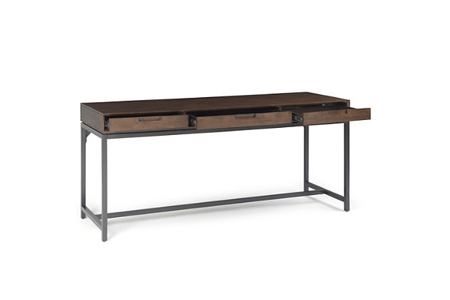 This ultra-cool home office desk is proof that modern industrial style simply works. Its minimalist-chic profile merges walnut-tone wood and blackened metal for a striking, sturdy design. Hardware-free aesthetic gives the drop-front keyboard tray and dual drawers no-muss, no-fuss appeal.DIMENSIONS: 24" d x 60" w x 31.5" h | Handcrafted with care using the finest quality solid Rubberwood and 1.2 inch Blackened Metal | Hand-finished wood with a Walnut Brown stain and a protective NC lacquer to accentuate and highlight the grain and the uniqueness of each piece of furniture | Multipurpose desk adds function and style without overwhelming the space. Looks great in your living room, family room, home office, bedroom or condo. Provides plenty of space for office work, studying, writing or gaming | Features: two notched handle side drawers with ball bearing drawer glides and one center flip down drawer/keyboard tray | Modern Industrial style includes metal frame and legs | Assembly Required | We believe in creating excellent, high quality products made from the finest materials at an affordable price. Every one of our products come with a 1-year warranty and easy returns if you are not satisfied.