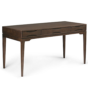 Take a tray chic approach to working from home with this clean-lined and contemporary walnut-tone wood desk with pull-out keyboard tray. Along with plenty of surface space, this high-style desk makes itself useful with a pair of drawers for essential office supplies. Decorative notched drawer fronts infuse cut-above flair.DIMENSIONS: 26" D x 60" W x 31.5" H | Handcrafted using the finest quality solid rubberwood hardwood | Hand-finished with a Dark Walnut Brown stain and a protective NC lacquer to accentuate and highlight the grain and the uniqueness of each piece of furniture | Multipurpose desk adds function and style without overwhelming the space. Looks great in your living room, family room, home office, bedroom or condo. Provides plenty of space for office work, studying, writing or gaming | Features a flip down pull-out keyboard tray  and two (2) notched handle drawers with metal drawer glides | Contemporary twist on a mid-century design | Assembly required | We believe in creating excellent, high quality products made from the finest materials at an affordable price. Every one of our products come with a 1-year warranty and easy returns if you are not satisfied.