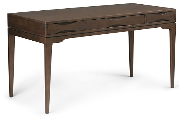 Take a tray chic approach to working from home with this clean-lined and contemporary walnut-tone wood desk with pull-out keyboard tray. Along with plenty of surface space, this high-style desk makes itself useful with a pair of drawers for essential office supplies. Decorative notched drawer fronts infuse cut-above flair.DIMENSIONS: 26" D x 60" W x 31.5" H | Handcrafted using the finest quality solid rubberwood hardwood | Hand-finished with a Dark Walnut Brown stain and a protective NC lacquer to accentuate and highlight the grain and the uniqueness of each piece of furniture | Multipurpose desk adds function and style without overwhelming the space. Looks great in your living room, family room, home office, bedroom or condo. Provides plenty of space for office work, studying, writing or gaming | Features a flip down pull-out keyboard tray  and two (2) notched handle drawers with metal drawer glides | Contemporary twist on a mid-century design | Assembly required | We believe in creating excellent, high quality products made from the finest materials at an affordable price. Every one of our products come with a 1-year warranty and easy returns if you are not satisfied.