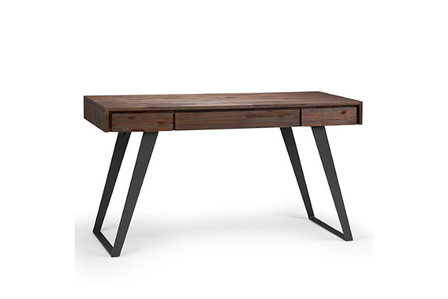 This ultra-cool home office desk is proof that modern industrial style simply works. Its minimalist-chic profile merges distressed charcoal brown wood and blackened metal for a striking, sturdy design. Hardware-free aesthetic gives the drop-front keyboard tray and dual drawers no-muss, no-fuss appeal.Top made of acacia wood | Hand-finished wood in distressed charcoal brown with protective lacquer coat | Solid metal legs | 2 side drawers with metal glides | Flip-down center drawer front with pull-out keyboard tray | Assembly required