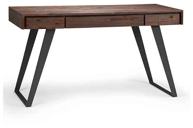This ultra-cool home office desk is proof that modern industrial style simply works. Its minimalist-chic profile merges distressed charcoal brown wood and blackened metal for a striking, sturdy design. Hardware-free aesthetic gives the drop-front keyboard tray and dual drawers no-muss, no-fuss appeal.Top made of acacia wood | Hand-finished wood in distressed charcoal brown with protective lacquer coat | Solid metal legs | 2 side drawers with metal glides | Flip-down center drawer front with pull-out keyboard tray | Assembly required