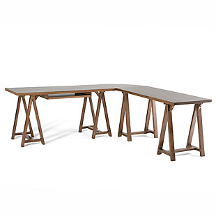 Inspired by the utilitarian furnishings found in workshops of handymen, craftsmen and carpenters, this sawhorse corner desk makes a timeless choice for today’s modern farmhouse. Crafted of quality pine wood, its minimalist design includes an integrated wood keyboard tray for form meets function.Includes 3 pieces: desk, corner piece and side desk | Made of pine wood | Hand-finished with a saddle brown stain and protective lacquer coat | Integrated keyboard tray | Assembly required