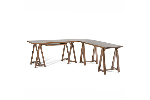 Inspired by the utilitarian furnishings found in workshops of handymen, craftsmen and carpenters, this sawhorse corner desk makes a timeless choice for today’s modern farmhouse. Crafted of quality pine wood, its minimalist design includes an integrated wood keyboard tray for form meets function.Includes 3 pieces: desk, corner piece and side desk | Made of pine wood | Hand-finished with a saddle brown stain and protective lacquer coat | Integrated keyboard tray | Assembly required