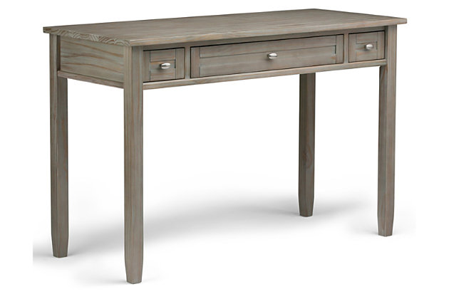 Ready for a home office refresh? Shake things up in a timeless way with this Shaker-inspired desk. Crafted with sturdy pine wood, beautified with a distressed driftwood gray finish, it simply makes sense with a drop-front keyboard tray and dual storage drawers for organizing office supplies.DIMENSIONS: 20" D x 48" W x 31.5" H | Handcrafted with care using the finest quality solid wood | Hand-finished with a Distressed Grey finish and a protective NC lacquer to accentuate and highlight the grain and the uniqueness of each piece of furniture. | Multipurpose desk adds function and style without overwhelming the space. Looks great in your living room, family room, home office, bedroom or condo. Provides plenty of space for office work, studying, writing or gaming | Features two side storage drawers with metal drawer glides and a flip down central drawer front with internal keyboard tray | Transitional Style features shaker style drawers, Brushed Nickel knobs, square tapered legs and square edged table top | Assembly required | We believe in creating excellent, high quality products made from the finest materials at an affordable price. Every one of our products come with a 1-year warranty and easy returns if you are not satisfied.