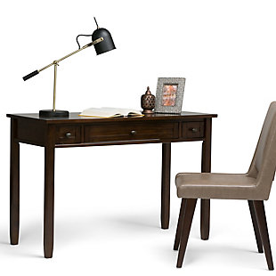 Ready for a home office refresh? Shake things up in a timeless way with this Shaker-inspired desk. Crafted with sturdy pine wood, beautified with a dark tobacco brown finish, it simply makes sense with a drop-front keyboard tray and dual storage drawers for organizing office supplies.DIMENSIONS: 20" D x 48" W x 31.5" H | Handcrafted with care using the finest quality solid wood | Hand-finished with a Dark Tobacco Brown stain and a protective NC lacquer to accentuate and highlight the grain and the uniqueness of each piece of furniture. | Multipurpose desk adds function and style without overwhelming the space. Looks great in your living room, family room, home office, bedroom or condo. Provides plenty of space for office work, studying, writing or gaming | Features two side storage drawers with metal drawer glides and a flip down central drawer front with internal keyboard tray | Transitional Style features shaker style drawers, Brushed Nickel knobs, square tapered legs and square edged table top | Assembly Required | We believe in creating excellent, high quality products made from the finest materials at an affordable price. Every one of our products come with a 1-year warranty and easy returns if you are not satisfied.