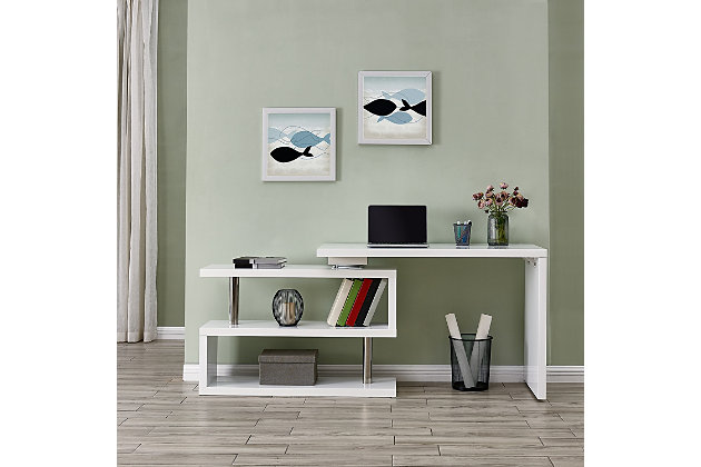 No cut corners. As a console with shelf space, this white and chrome entryway table fits in your hall. As an adjustable swing desk, rotate the shelf space outward and create a modern L-shaped desk in your home office, complete with a bookshelf and writing table. From corner desk to console table, place in your open concept living space for meaningful multifunction.Made of engineered wood and plated iron | 2 storage shelves | 2 desktops | Small Space Solution | Assembly required | Assembly time frame is 45 to 60 min.