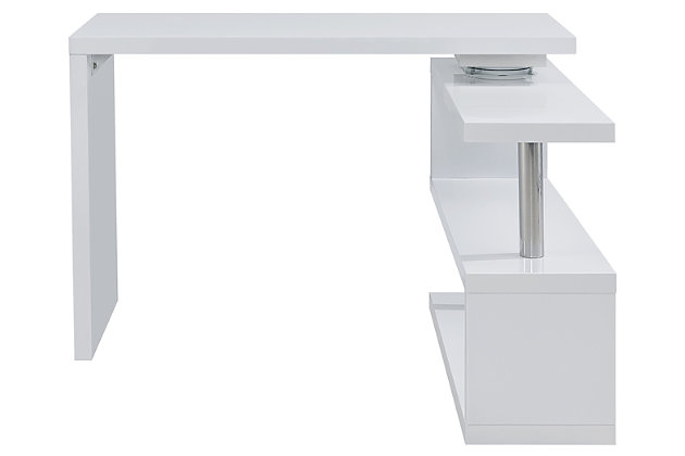 No cut corners. As a console with shelf space, this white and chrome entryway table fits in your hall. As an adjustable swing desk, rotate the shelf space outward and create a modern L-shaped desk in your home office, complete with a bookshelf and writing table. From corner desk to console table, place in your open concept living space for meaningful multifunction.Made of engineered wood and plated iron | 2 storage shelves | 2 desktops | Small Space Solution | Assembly required | Assembly time frame is 45 to 60 min.