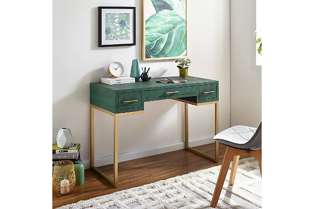 A fun fusion of exotic texture and contemporary design brings a fresh, new look to any home office. Sophisticated emerald worktop in scintillating reptilian print stands artistically on a sleek, goldtone frame. Pave the way to a clutter-free creation zone on an ample desktop, and stylishly conceal writing accessories within the drawers. Wildly versatile color and airy silhouette make this writing desk feel right at home in nearly any office space. Variations in reptilian print will create a unique look for each desk.Made of manufactured wood, iron and vinyl | 50-pound weight capacity | Emerald desk with antiqued goldtone metal frame and pulls | 2 felt-lined storage drawers | Pull-out keyboard tray/accessory drawer | Assembly required | Assembly time frame is 15 to 30 min.
