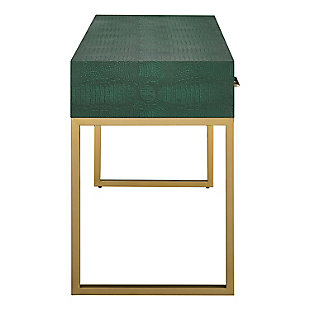 A fun fusion of exotic texture and contemporary design brings a fresh, new look to any home office. Sophisticated emerald worktop in scintillating reptilian print stands artistically on a sleek, goldtone frame. Pave the way to a clutter-free creation zone on an ample desktop, and stylishly conceal writing accessories within the drawers. Wildly versatile color and airy silhouette make this writing desk feel right at home in nearly any office space. Variations in reptilian print will create a unique look for each desk.Made of manufactured wood, iron and vinyl | 50-pound weight capacity | Emerald desk with antiqued goldtone metal frame and pulls | 2 felt-lined storage drawers | Pull-out keyboard tray/accessory drawer | Assembly required | Assembly time frame is 15 to 30 min.