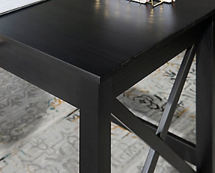 Crisp lines, crisscross paneling and a brilliant black finish make this home office desk an inspired choice for your modern farmhouse. Constructed from solid pine, this piece blends a timeless beauty with long-lasting durability. Pair with other pieces from the collection to establish a cohesive look.Made of pine wood | Black finish | Smooth-gliding drawer | Metal hardware | Assembly required