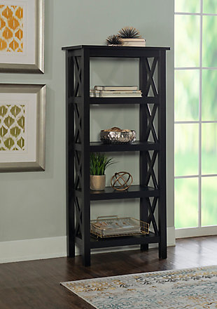 Crisp lines, crisscross paneling and a brilliant black finish make this bookcase an inspired choice for your modern farmhouse. Constructed from solid pine, this piece blends a timeless beauty with long-lasting durability. Pair with other pieces from the collection to establish a cohesive look.Made of pine wood | Black finish | 5-tier design | Assembly required