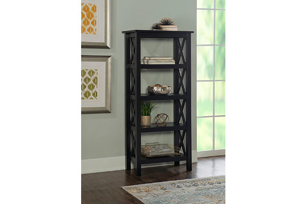 Crisp lines, crisscross paneling and a brilliant black finish make this bookcase an inspired choice for your modern farmhouse. Constructed from solid pine, this piece blends a timeless beauty with long-lasting durability. Pair with other pieces from the collection to establish a cohesive look.Made of pine wood | Black finish | 5-tier design | Assembly required