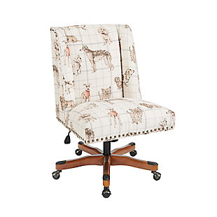 Tired of ruffing it in your home office? Take comfort in this dog print swivel office chair. Plushly upholstered in a posh pooch pattern, this clean-lined cushioned chair includes an adjustable seat height and smooth-gliding casters for easy mobility.Wood base in walnut-tone finish | Easy-clean polyester upholstery over cushioned seat/back | Antiqued bronze-tone nailhead trim | Metal casters | 360-degree swivel | Seat height adjustable with gas lift | Assembly required
