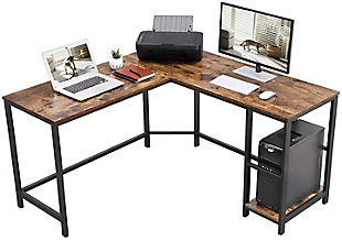 The right choice for those with contemporary taste, this durable L-shaped computer desk unifies a firm metal frame with an appealing rustic brown wood tabletop for a charming display. Both sides of this space-saving study desk are the same length, making it easy to fit into almost any office corner. The back corner is cut off to allow cables to go where they need to, ideal when used as a gaming desk to manage cords from consoles while keeping everything you need within arm’s reach. This clean-lined corner desk comes with two shelves to keep your files and books at hand. As an option, the top shelf can be removed to make room for a computer tower.Engineered wood tabletop and shelves with rustic brown finish | Black metal frame | 2 open shelves (1 fixed;1 removable) | Assembly required