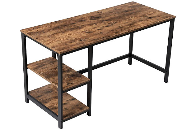 This computer writing desk is designed to save space and look great doing it. Perfect for apartments and dorms, this workspace fits easily into your room, your style and your budget. The shelves provide additional storage for books, gaming equipment and so much more. This simply designed desk blends well with urban, industrial and contemporary decor schemes.Engineered wood tabletop and shelves with rustic brown finish | Black metal frame | 2 open shelves | Assembly required