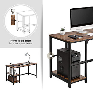This computer writing desk is designed to save space and look great doing it. Perfect for apartments and dorms, this workspace fits easily into your room, your style and your budget. The shelves provide additional storage for books, gaming equipment and so much more. This simply designed desk blends well with urban, industrial and contemporary decor schemes.Engineered wood tabletop and shelves with rustic brown finish | Black metal frame | 2 open shelves | Assembly required