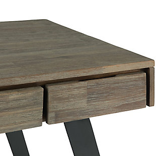 Make it work in a simply striking way with this 54" industrial desk. Handcrafted with solid acacia wood and sturdy metal, this two-tone desk masters the art of simplicity with a flip-down, pull-out keyboard tray and discreet hand pulls on the pair of drawers for clean, urban design. Distressed gray top includes a protective lacquer to accentuate the beauty and uniqueness of the grain. Sleek black metal legs are cool from every angle.Made of acacia wood, engineered wood and metal | Hand-finished top in distressed gray with protective lacquer to highlight the wood grain | Black metal legs | 2 drawers with metal glides | Flip-down, pull-out keyboard tray | Assembly required