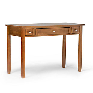 Make it work in a simply striking way with this 48" writing desk with an inspired take on transitional style. Handcrafted with pine wood that’s beautified with a light golden brown finish, this desk masters the art of simplicity with its clean, uncluttered flair. Flip-down, pull-out keyboard tray is flanked by a pair of storage drawers for your office essentials. Elegantly tapered legs and shaker-style framed drawer fronts enhance the refined aesthetic.DIMENSIONS: 20" D x 48" W x 31.5" H | Handcrafted with care using the finest quality solid wood | Hand-finished with a Light Golden Brown stain and protective NC lacquer to accentuate and highlight the grain and the uniqueness of each piece of furniture | Multipurpose desk adds function and style without overwhelming the space. Looks great in your living room, family room, home office, bedroom or condo. Provides plenty of space for office work, studying, writing or gaming | Features two side storage drawers with metal drawer glides and a flip down central drawer front with internal keyboard tray | Transitional Style features shaker style drawers, Brushed Nickel knobs, square tapered legs and square edged table top | Assembly Required | We believe in creating excellent, high quality products made from the finest materials at an affordable price. Every one of our products come with a 1-year warranty and easy returns if you are not satisfied.