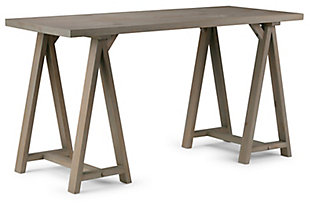 Make it work in a simply striking way with this 56" sawhorse industrial desk. Handcrafted of solid pine wood that’s beautified with a distressed gray finish, this desk masters the art of simplicity with its clean, uncluttered flair, extra thick tabletop and sturdy sawhorse supports. What an inspired choice for modern farmhouses and industrial-hip spaces.DIMENSIONS: 24" d x 56" w x 30" h | Handcrafted with care using the finest quality solid wood | Hand-finished with a Distressed Grey finish and a protective NC lacquer to accentuate and highlight the grain and the uniqueness of each piece of furniture. | Multipurpose desk adds function and style without overwhelming the space. Looks great in your living room, family room, home office, bedroom or condo. Provides plenty of space for office work, studying, writing or gaming | Features a spacious, simple, extra thick table top surface and sturdy sawhorse supports | Style evokes an era long past with its industrial style roots and retro design elements; the collection is based on the utilitarian furnishings found in workshops of handymen, craftsmen and carpenters | Assembly required | We believe in creating excellent, high quality products made from the finest materials at an affordable price. Every one of our products come with a 1-year warranty and easy returns if you are not satisfied.
