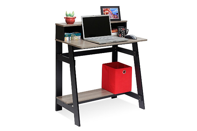 Expand your workspace and your style with this A-frame study desk. An inspired choice for an urban industrial look, it pairs a sturdy A-frame design with a built-in hutch for maximum minimalism.Made of engineered wood | Includes desk with built-in hutch and fixed lower shelf | Wipe with a damp cloth | Assembly required