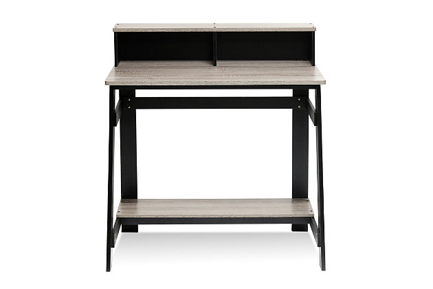 Expand your workspace and your style with this A-frame study desk. An inspired choice for an urban industrial look, it pairs a sturdy A-frame design with a built-in hutch for maximum minimalism.Made of engineered wood | Includes desk with built-in hutch and fixed lower shelf | Wipe with a damp cloth | Assembly required
