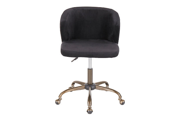 Spruce up your home office with this contemporary task chair featuring a sophisticated velvet fabric upholstery that ties in perfectly with modern decor. The ultra-comfortable padded bucket seat is complemented by a sturdy 5-star metal base. Adjustable height, swivel and casters complete the design.Metal base with antiqued finish | Black velvet upholstery | Foam filled bucket seat | Adjustable height with 360-degree swivel | Casters for easy mobility | Assembly required