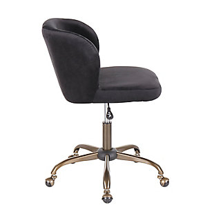 Spruce up your home office with this contemporary task chair featuring a sophisticated velvet fabric upholstery that ties in perfectly with modern decor. The ultra-comfortable padded bucket seat is complemented by a sturdy 5-star metal base. Adjustable height, swivel and casters complete the design.Metal base with antiqued finish | Black velvet upholstery | Foam filled bucket seat | Adjustable height with 360-degree swivel | Casters for easy mobility | Assembly required