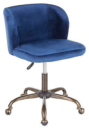 Spruce up your home office with this contemporary task chair featuring a sophisticated velvet fabric upholstery that ties in perfectly with modern decor. The ultra-comfortable padded bucket seat is complemented by a sturdy 5-star metal base. Adjustable height, full swivel and casters complete the design.Metal base with antiqued finish | Blue velvet upholstery | Foam filled bucket seat | Adjustable height with 360-degree swivel | Casters for easy mobility | Assembly required