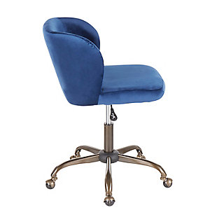 Spruce up your home office with this contemporary task chair featuring a sophisticated velvet fabric upholstery that ties in perfectly with modern decor. The ultra-comfortable padded bucket seat is complemented by a sturdy 5-star metal base. Adjustable height, full swivel and casters complete the design.Metal base with antiqued finish | Blue velvet upholstery | Foam filled bucket seat | Adjustable height with 360-degree swivel | Casters for easy mobility | Assembly required