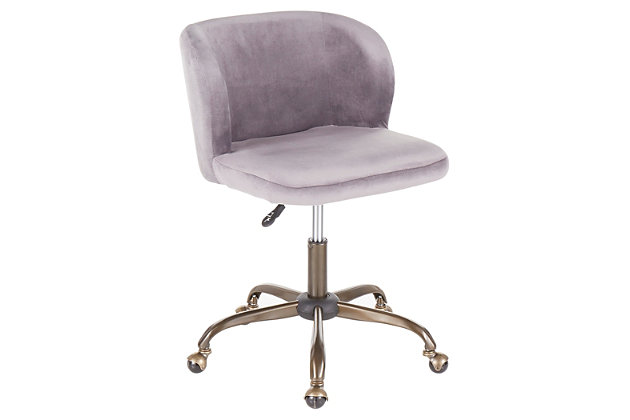 Spruce up your home office with this contemporary task chair featuring a sophisticated velvet fabric upholstery that ties in perfectly with modern decor. The ultra-comfortable padded bucket seat is complemented by a sturdy 5-star metal base. Adjustable height, full swivel and casters complete the design.Metal base with antiqued finish | Silver velvet upholstery | Foam filled bucket seat | Adjustable height with 360-degree swivel | Casters for easy mobility | Assembly required