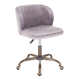 Spruce up your home office with this contemporary task chair featuring a sophisticated velvet fabric upholstery that ties in perfectly with modern decor. The ultra-comfortable padded bucket seat is complemented by a sturdy 5-star metal base. Adjustable height, full swivel and casters complete the design.Metal base with antiqued finish | Silver velvet upholstery | Foam filled bucket seat | Adjustable height with 360-degree swivel | Casters for easy mobility | Assembly required
