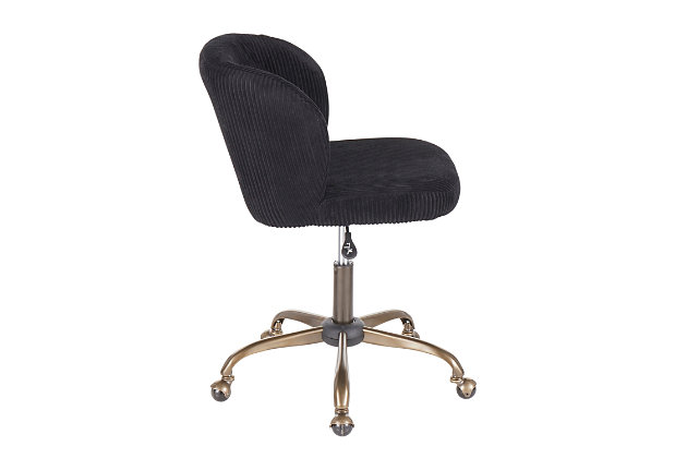 Spruce up your home office with this contemporary task chair featuring a sophisticated velvet fabric upholstery that ties in perfectly with modern decor. The ultra-comfortable padded bucket seat is complemented by a sturdy 5-star metal base. Adjustable height, full swivel and casters complete the design.Metal base with antiqued finish | Black velvet upholstery | Foam filled bucket seat | Adjustable height with 360-degree swivel | Casters for easy mobility | Assembly required