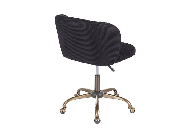Spruce up your home office with this contemporary task chair featuring a sophisticated velvet fabric upholstery that ties in perfectly with modern decor. The ultra-comfortable padded bucket seat is complemented by a sturdy 5-star metal base. Adjustable height, full swivel and casters complete the design.Metal base with antiqued finish | Black velvet upholstery | Foam filled bucket seat | Adjustable height with 360-degree swivel | Casters for easy mobility | Assembly required