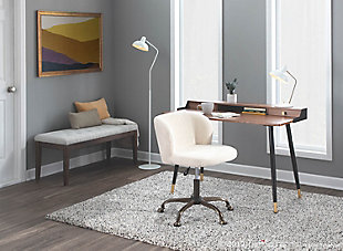 Spruce up your home office with this contemporary task chair featuring a sophisticated velvet fabric upholstery that ties in perfectly with modern decor. The ultra-comfortable padded bucket seat is complemented by a sturdy 5-star metal base. Adjustable height, full swivel and casters complete the design.Metal base with antiqued finish | Beige velvet upholstery | Foam filled bucket seat | Adjustable height with 360-degree swivel | Casters for easy mobility | Assembly required