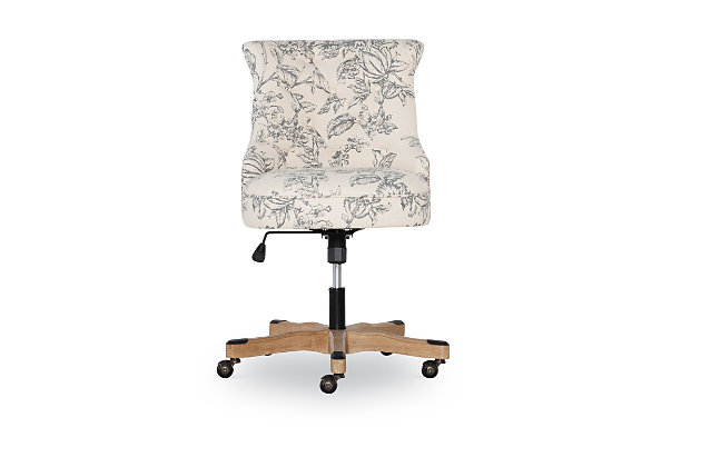 Add style and function to your home office with this designer swivel chair. Sturdy frame with natural wood base supports a plush seat upholstered in an elegant floral printed linen fabric with button-tufted back. Smooth-gliding metal casters and an adjustable-height mechanism keep you on the move.Natural wood base | Metal casters for easy mobility | Easy-clean polyester linen upholstery with button tufting | Gas lift adjustable-height mechanism (20"-24" seat height range) | Adjustable tilt tension for custom comfort | Assembly required