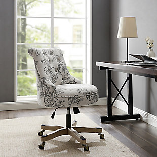 Add style and function to your home office with this designer swivel chair. Sturdy frame with natural wood base supports a plush seat upholstered in an elegant floral printed linen fabric with button-tufted back. Smooth-gliding metal casters and an adjustable-height mechanism keep you on the move.Natural wood base | Metal casters for easy mobility | Easy-clean polyester linen upholstery with button tufting | Gas lift adjustable-height mechanism (20"-24" seat height range) | Adjustable tilt tension for custom comfort | Assembly required
