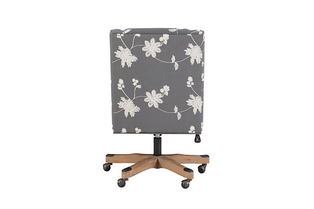 Add style and function to your home office with this designer swivel chair. Sturdy frame with washed wood base supports a plush seat upholstered in an elegant gray and white floral patterned fabric with button-tufted back. Smooth-gliding metal casters and an adjustable-height mechanism keep you on the move.Washed wood base | Metal casters for easy mobility | Linen/viscose upholstery | Gas lift adjustable-height mechanism (19.75"-23.75" seat height range) | Assembly required