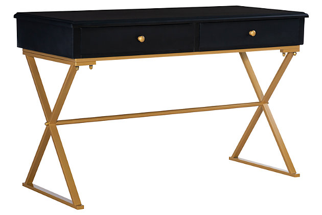 Sleek and stylish, this black campaign desk blends modern elements to create a chic yet versatile piece. The classic trestle-style frame features a gleaming goldtone finish that contrasts against the black top for a dramatic effect. Top with flowers, a lamp or framed photographs to dress up an empty hallway or entry, or add it to a living room, bedroom or home office for a striking workspace.Goldtone metal base | 2 storage drawers | Assembly required