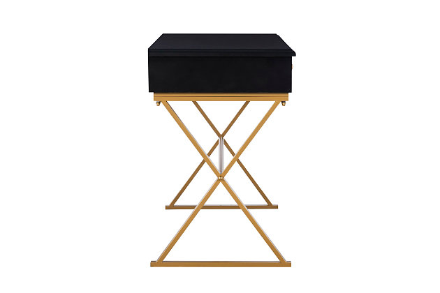 Sleek and stylish, this black campaign desk blends modern elements to create a chic yet versatile piece. The classic trestle-style frame features a gleaming goldtone finish that contrasts against the black top for a dramatic effect. Top with flowers, a lamp or framed photographs to dress up an empty hallway or entry, or add it to a living room, bedroom or home office for a striking workspace.Goldtone metal base | 2 storage drawers | Assembly required