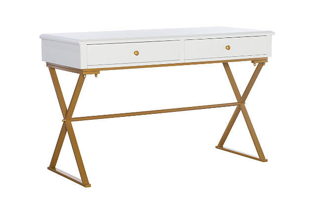Sleek and stylish, this white campaign desk blends modern elements to create a chic yet versatile piece. The classic trestle-style frame features a gleaming goldtone finish that contrasts against the white top for a dramatic effect. Top with flowers, a lamp or framed photographs to dress up an empty hallway or entry, or add it to a living room, bedroom or home office for a striking workspace.Goldtone metal base | 2 storage drawers | Assembly required