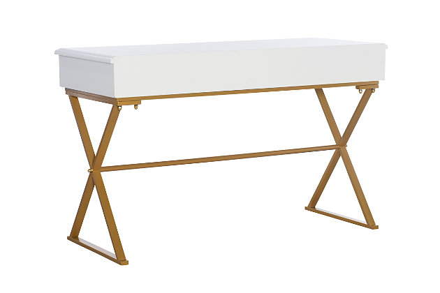 Sleek and stylish, this white campaign desk blends modern elements to create a chic yet versatile piece. The classic trestle-style frame features a gleaming goldtone finish that contrasts against the white top for a dramatic effect. Top with flowers, a lamp or framed photographs to dress up an empty hallway or entry, or add it to a living room, bedroom or home office for a striking workspace.Goldtone metal base | 2 storage drawers | Assembly required