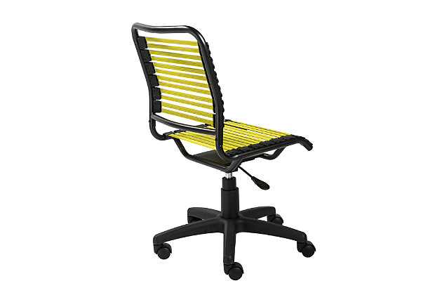 What a cool way to get down to work. This low back office chair includes a flat bungie design offering unparalleled support and natural ventilation, making long hours behind your desk a lot more comfortable. And the sleek, contemporary styling of this smooth-gliding office chair doesn’t hurt either.Powdercoated steel frame | Nylon base | Adjustable height | Flat bungie cord seat and back with black nylon fittings | 50 mm casters for easy mobility | Assembly required