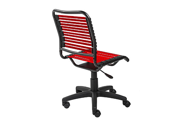 What a cool way to get down to work. This low back office chair includes a flat bungie design offering unparalleled support and natural ventilation, ma long hours behind your desk a lot more comfortable. And the sleek, contemporary styling of this smooth-gliding office chair doesn’t hurt either.Powdercoated steel frame | Nylon base | Adjustable height | Flat bungie cord seat and back with black nylon fittings | 50 mm casters for easy mobility | Assembly required