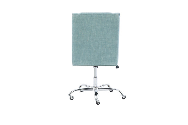 Whether your desk style is modernist, industrial or farmhouse, the Draper home office chair works wonders. Its square, modified wingback design is cool yet classic. And its plush aqua blue upholstery? A breath of fresh air. Rest assured, the chair’s smooth-gliding casters will help keep you on a roll.Made of pine wood and engineered wood with chrome-tone metal base | Foam cushioned seat | Polyester upholstery | Silvertone nailhead trim | Metal casters | Assembly required